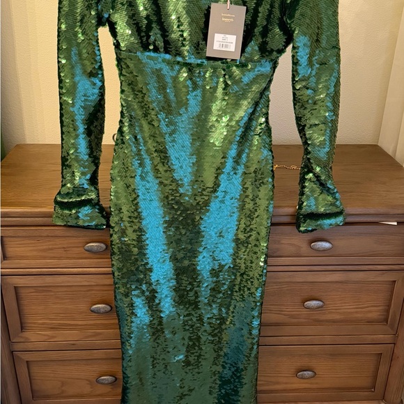 House of CB Belle Shimmering Emerald Long Sleeve Dress - Picture 2 of 8